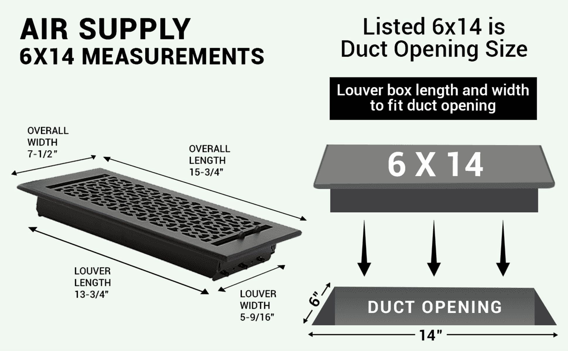 Achtek Air Supply Vent 6"x 14" Duct Opening (Overall 7-1/2"x 15-3/4") Solid Cast Aluminum Register Cover | Powder Coated BLACK