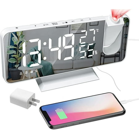 HearthHarmony Projection Digital Alarm Clock for Bedrooms, Clock Radio on Ceiling, USB Charger Port, Temperature & Humidity Display, 7.3” Large Mirror LED Display,12/24H,Snooze,Dual Loud Alarm Clock