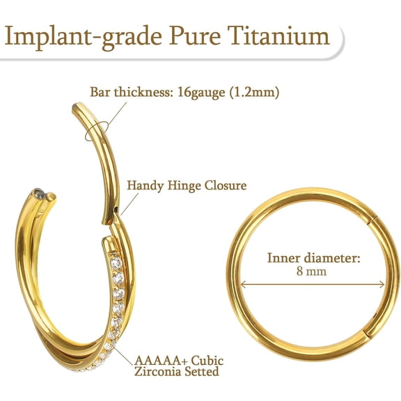 2PCS Titanium Nose Rings 18G 16G Hoop Nose Ear Clicker for Women 8mm 10mm Hinged Segment Septum Lip Rings Tragus Conch Helix CartilagePiercing Jewelry Silver- Gold Gold Plated