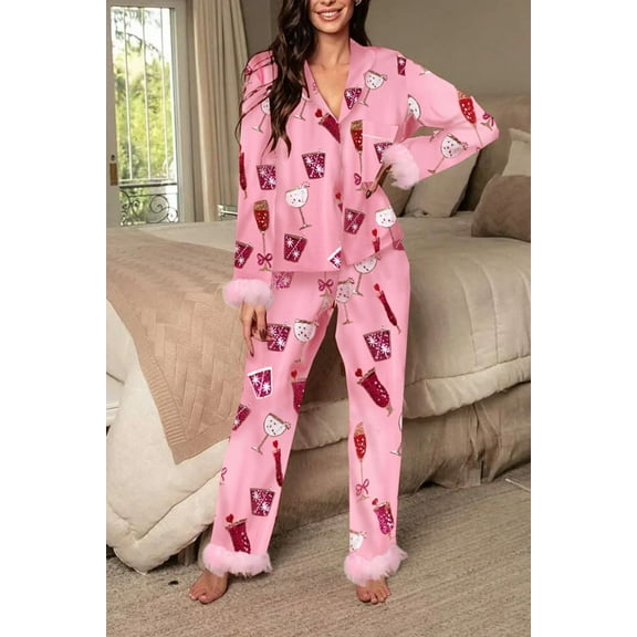Michellecmm Women's 2 Piece Lounge Set Long Sleeve Lapel Goblet Print Shirt Pants Sleepwear Sets