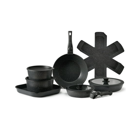 VEVOR 17 Piece Pots and Pans Set, Granite Nonstick Detachable Handle Cookware, Space Saving Induction Cookwares, Kitchen RV Cooking Sets with Frying, Sauce, Saute,Tempered Glass Lid,Oven Safe,Black