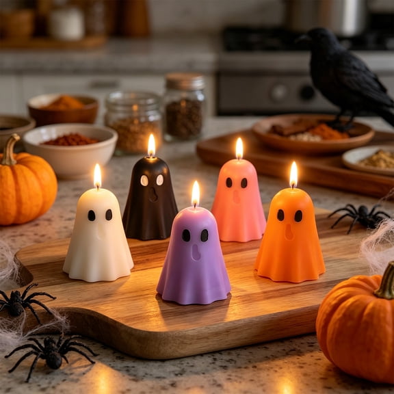 YAMB Halloween Mini Colored Ghost Candles, 2.36" Reusable Spooky Festive Tabletop Ornament, Hand-crafted Fall-themed Holiday Accessory for Home Party Seasonal Display, Purple