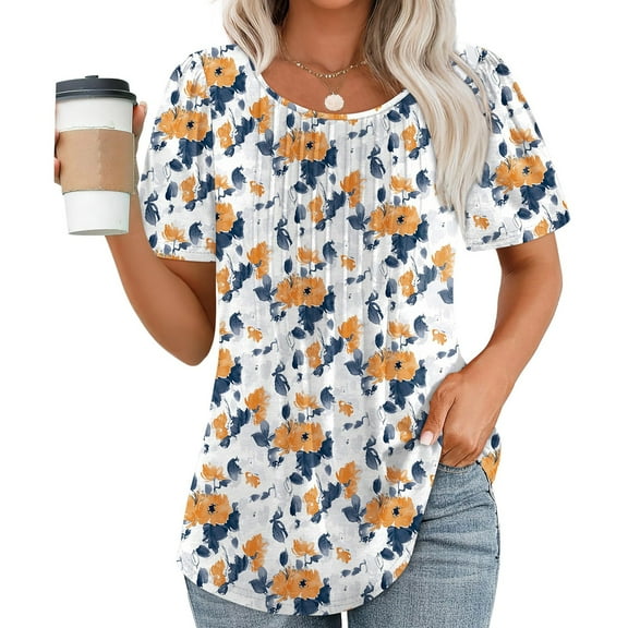 CaiJunJia T Shirts for Women,Womens Tops Summer Short Sleeve T Shirts Dressy Casual Scooped Neck Loose Fit Blouses