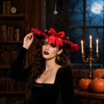 thumbnail image 4 of Womens Witch Hat with Organza Trim and Ribbon Tails, Wide Brim Pointed Cone Costume Hat, Wizard Headwear for Halloween Party Dress Up Cosplay Red, 4 of 5