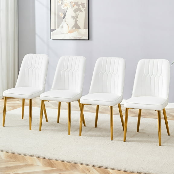 Noble House Modern 35" PU Leather Dining Chairs, Curved Back Thick Cushion, Stable Gold Metal Legs, White, Set of 4