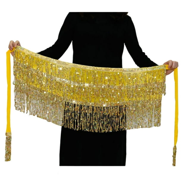 Sonducket a la cadera de moda, bufanda Retro con borlas, hermosa envoltura multicolor, ropa de baile, diamantes de imitación brillantes, disfraz Prendas para la parte inferior del cuerpo Amarillo