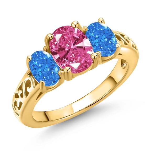 Gem Stone King 18K Yellow Gold Plated Silver Pink Zirconia and Fancy Blue Zirconia Filigree Style 3 Stone Ring for Women (2.07 Cttw, Oval 8X6MM and 6X4MM) (Size 9)