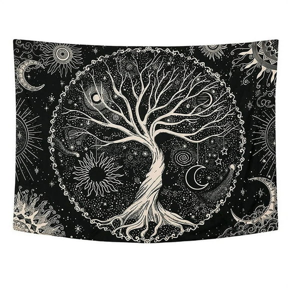 Tree Tapestry Moon and Sun Black Wall Hanging Tapestry Psychedelic Mandala Starry Tapestry Hippie Tapestry