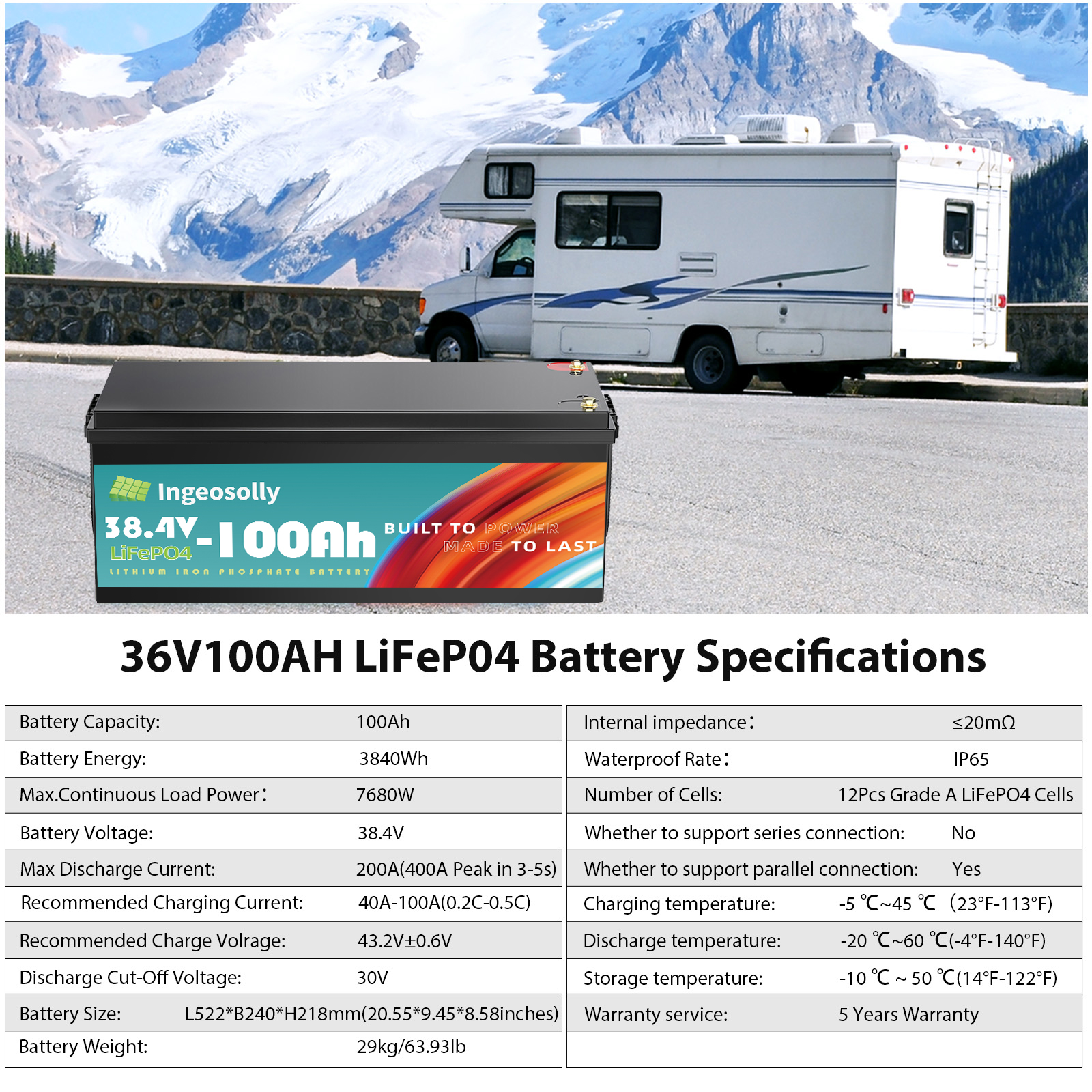 36V 100Ah LiFePO4 Battery,200A BMS,10 Yrs Lifespan,Lithium Battery for RV,Golf Cart,Solar,Trolling Motor,Marine