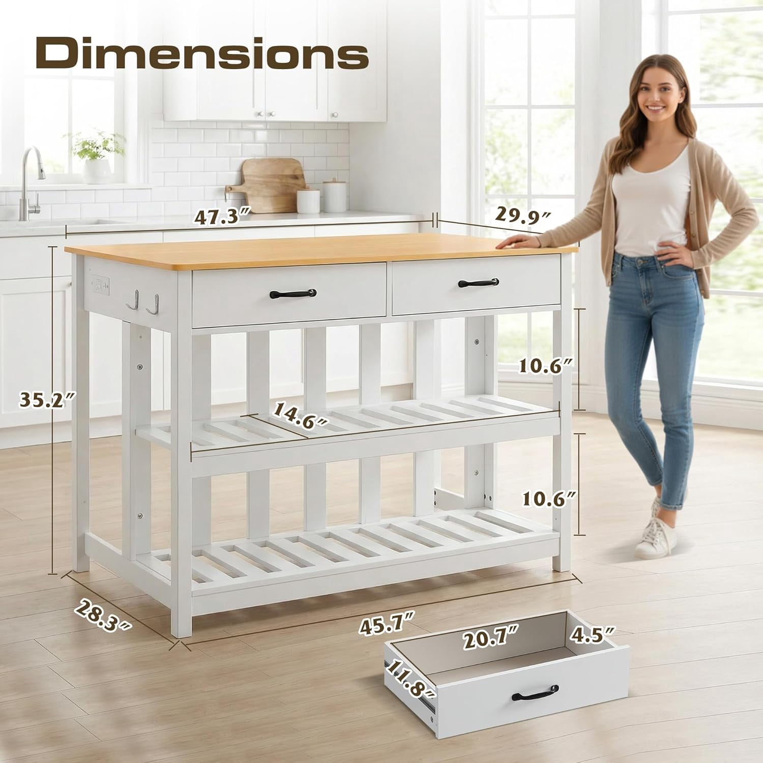 Grepatio Kitchen Island with Power Outlets, 47 Inches Width Kitchen Shelf with Large Worktop, Wooden Island Counter with Shelves, 2 Drawers, and 4 Hooks for Living Room, White and Natural