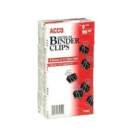0.25 Inch Acco High Test - ACCO Medium Size Binder Clips - 1 p1/4 Inch Width 5/8 Inch Capacity - 12 per Box - 8 Boxes (96 Total)