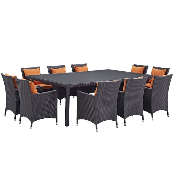 Modern Contemporary Urban Design Outdoor Patio Balcony Eleven PCS Dining Chairs and Table Set, Orange, Rattan