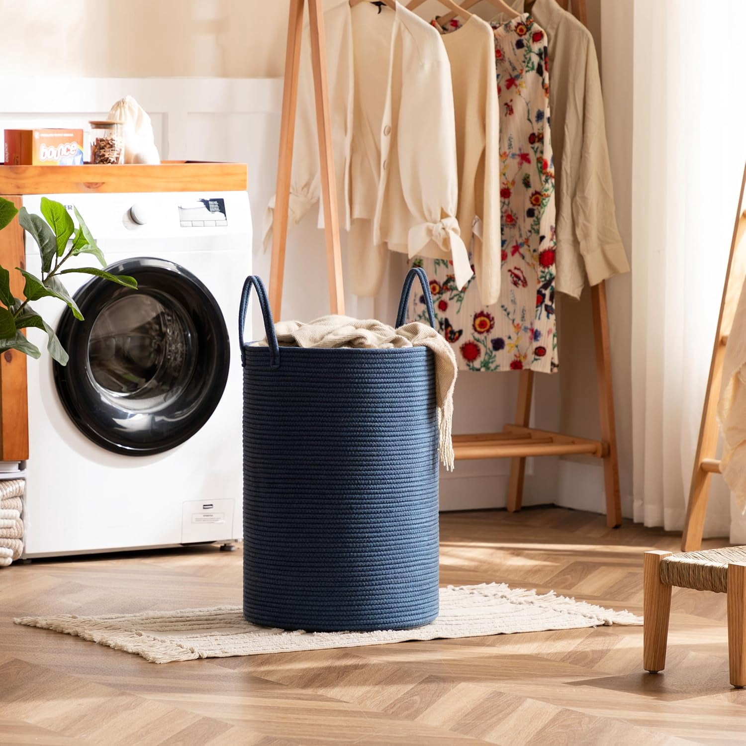 TT-Laundry Basket, 72L Woven Laundry Hamper, Baby Nursery Hamper for Toys, Blanket Basket for Living Room, Clothes Hamper for Bedroom&Baby Room, Blue