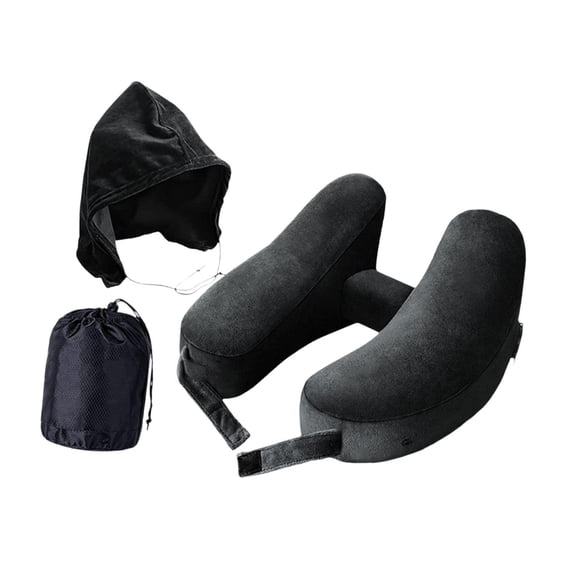 Almohada de viaje para el cuello,Almohada de cuello inflable para viajes Sillones reclinables para aviones,Almohada de viaje para el cuello con bolsa Soporte para Sudadera negra con capucha