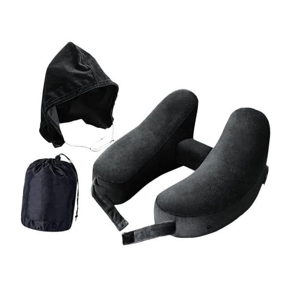 Almohada cervical de viaje con soporte cervical para coche, avión y funda desmontable. Sudadera negra con capucha