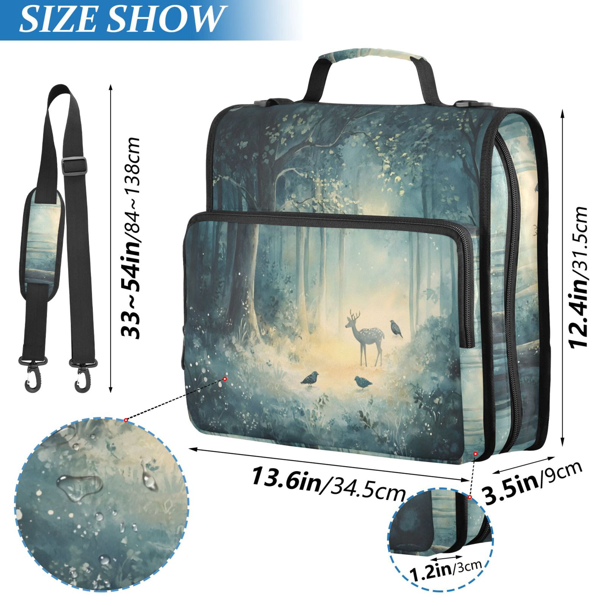 FORMRS Zipper Binder with Shoulder Strap 2-inch Ring 500 Sheet Capacity File Bag, Night Forest Scene