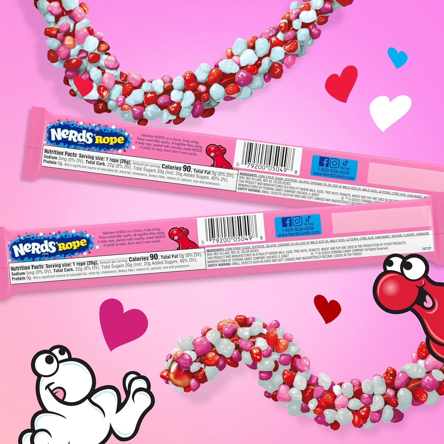 NERDS Rope Valentine Candy, Sweet and Sour Candy, Individually Wrapped, Valentine's Day Pink, White, and Red Rope Colorful Candy, 0.92oz, Pack of 24