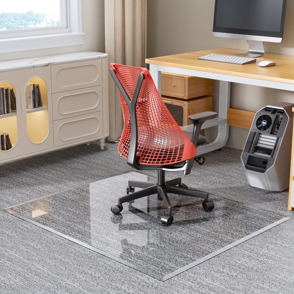 Hasipu 55“x 46”Clear Tempered Glass Chair Mat for Carpet & Hardwood Floors, Beveled Edge Office Chair Mat, Glides Smoothly