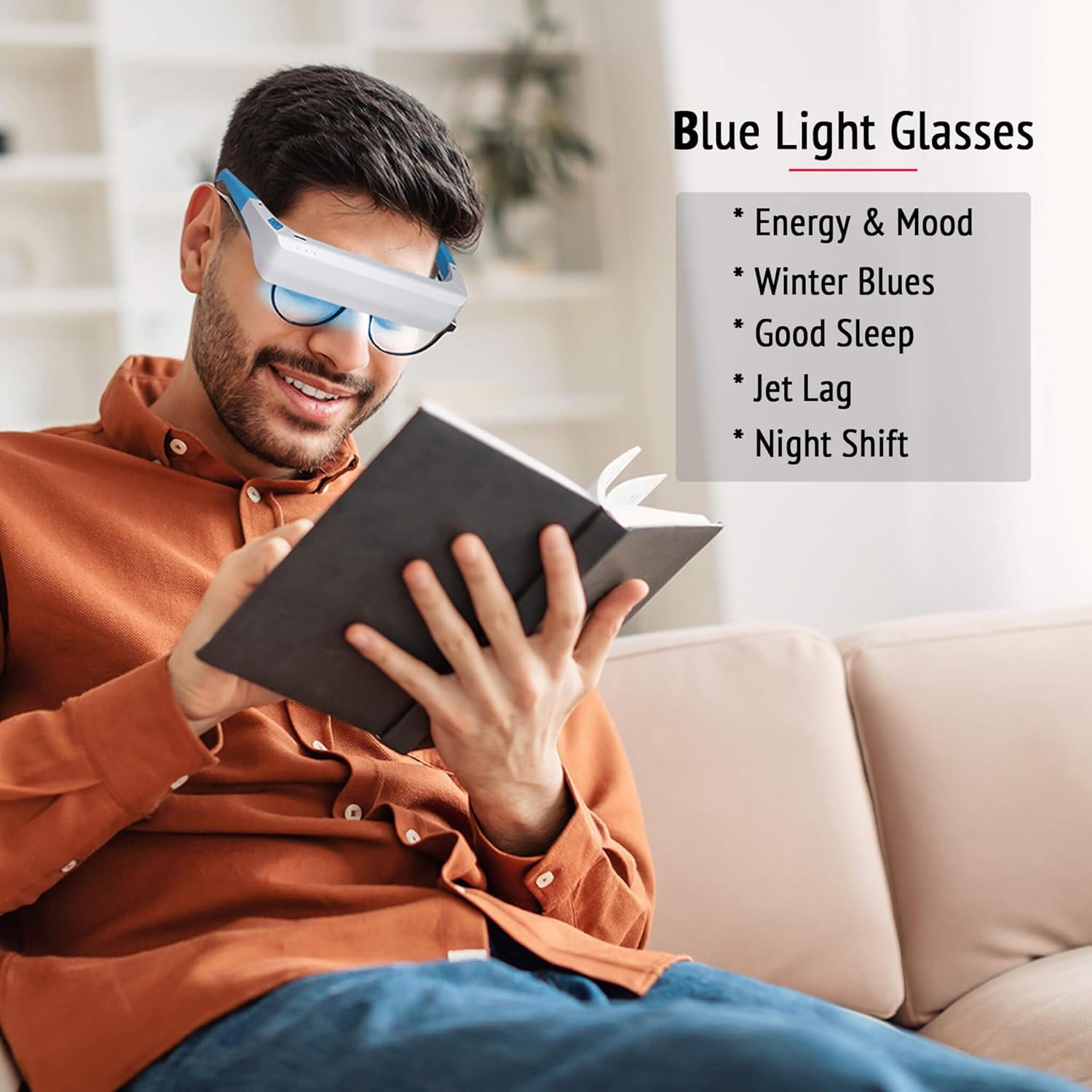 Light Therapy Glasses, Blue and Red Light Therapy, Blue Light for Good Sleep, Winter Blues, Jet Lag, Night Shift, Energy and Mood, Unique 670nm Red Light for Eye Health, White