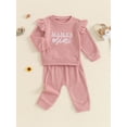 thumbnail image 6 of Aojekbee Toddler Girls Waffle Set Letter Embroidered Long Sleeve Ruffled Tops Elastic Waist Pockets Long Pants Outfits, 6 of 10