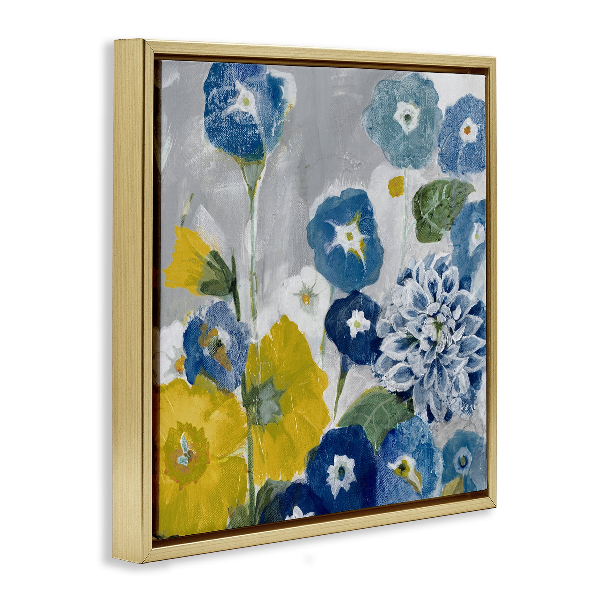 Stupell Industries Blue & Yellow Abstract Poppies Botanical & Floral Painting Gold Floater Framed Canvas Art Print Wall Art, 25 x 25