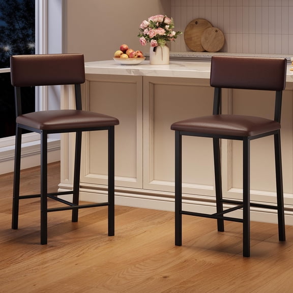 Bar Stools Set of 2, PU Leather Counter Height Bar Stools with Backrest and Footrest,Tall Bar Stool with Thick Cushion, for Dining Room, Apartment Counter Bar, Island, Dark Brown
