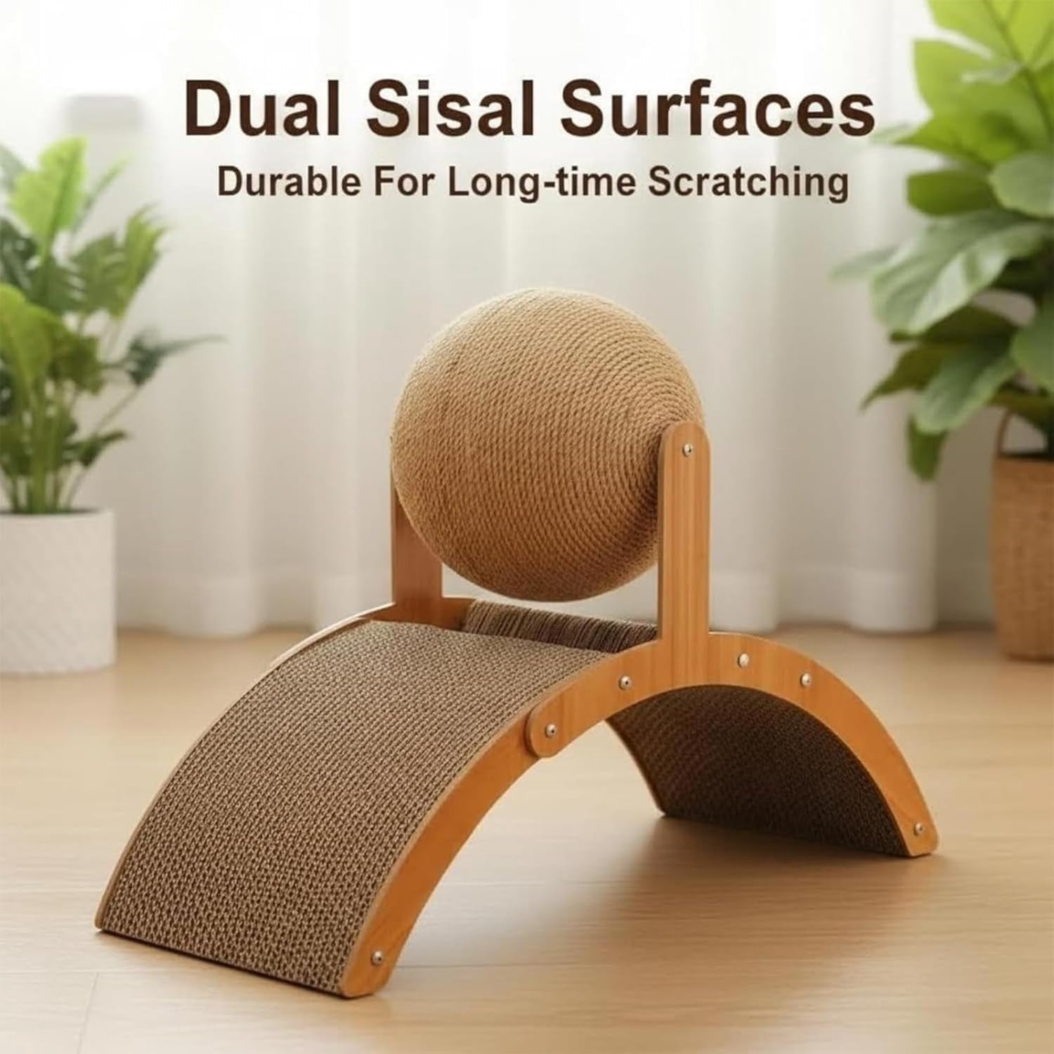Wobble Ball Cat Scratcher, Rotating Natural Sisal Ball Wood cat scratching ball on stand , 2-in-1 Interactive Cat Scratching Post with Arch Bridge for Indoor Cats, Durable Furniture & Rug Protecto -S