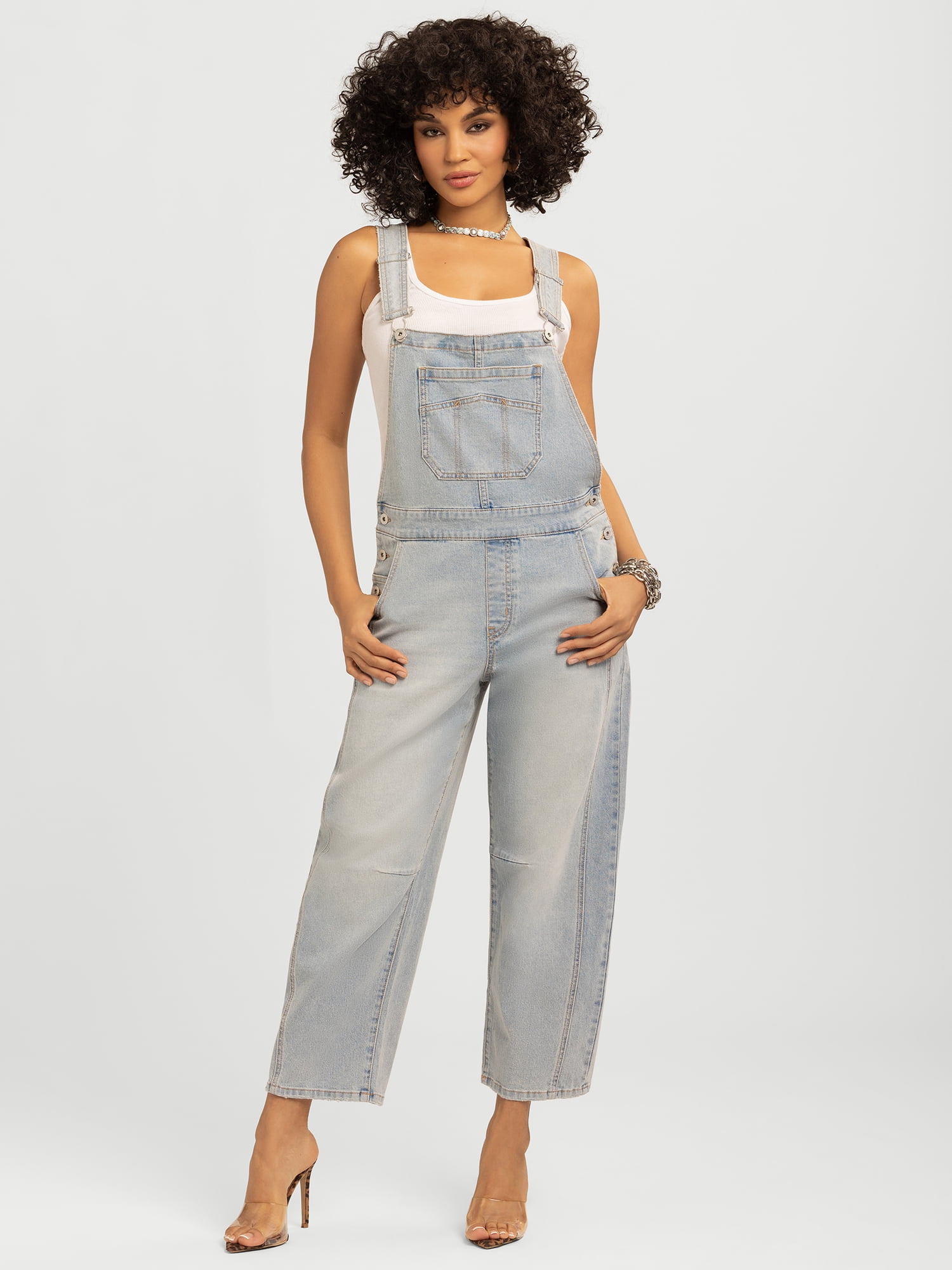 Jessica Simpson Women's Cropped Barrel Leg Denim Overalls, 26
