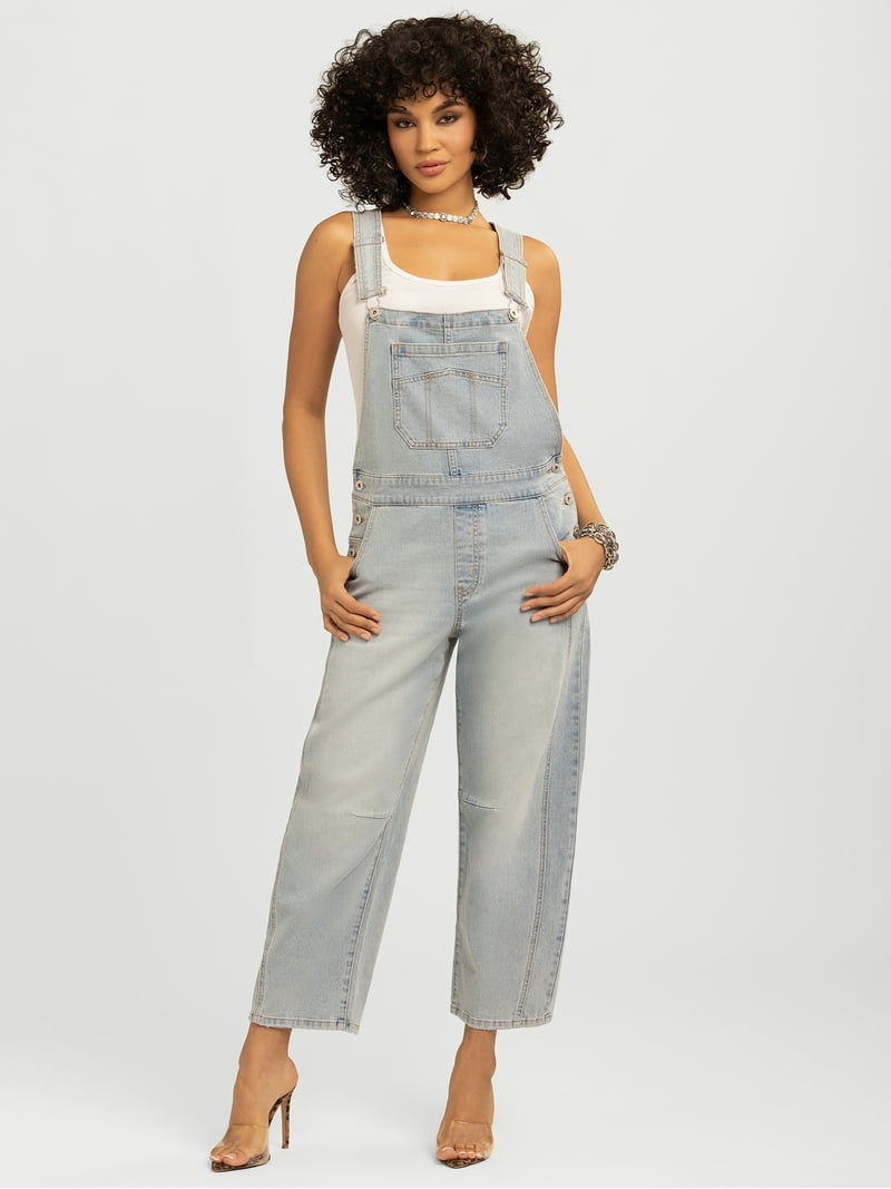 Jessica Simpson Women's Cropped Barrel Leg Denim Overalls, 26