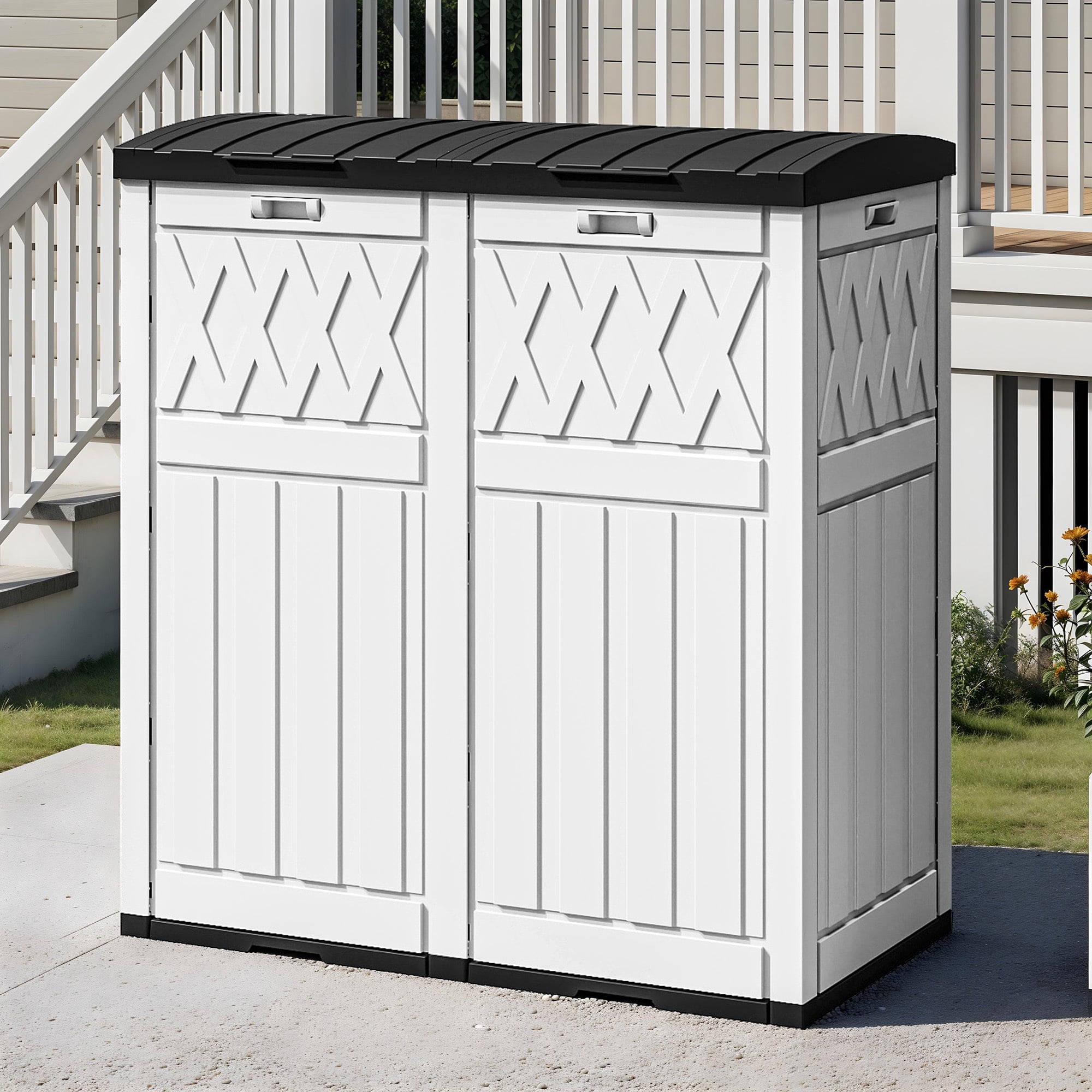 Uforic 62 Gallon Dual Compartment Resin Outdoor Trash Can with Layered Lid & Drip Tray, Waterproof Garbage Bin for Patio Backyard Deck, Black & White