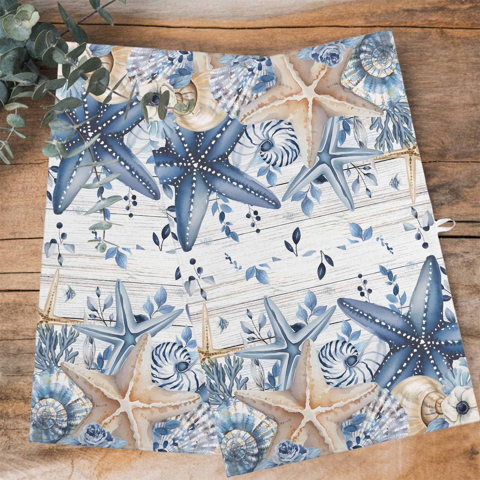 Blue Starfish Coastal Kitchen Towels Set of 4, Water Absorbent Dish Towel, Eucalyptus Summer Nautical Shell Wooden Decorative Hand Towels - Quick Drying Cloth for Cooking Baking, 18x28 Inch
