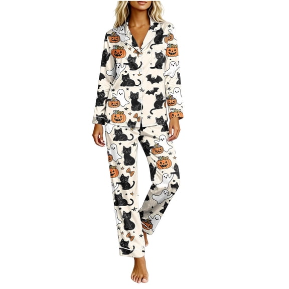 Virmaxy Pajamas for Women Set Halloween Pajama Set Button Down Notch Collar Long Sleeve Cute Kitty and Ghost Print Sleepwear Loungewear for Fall Holiday Beige