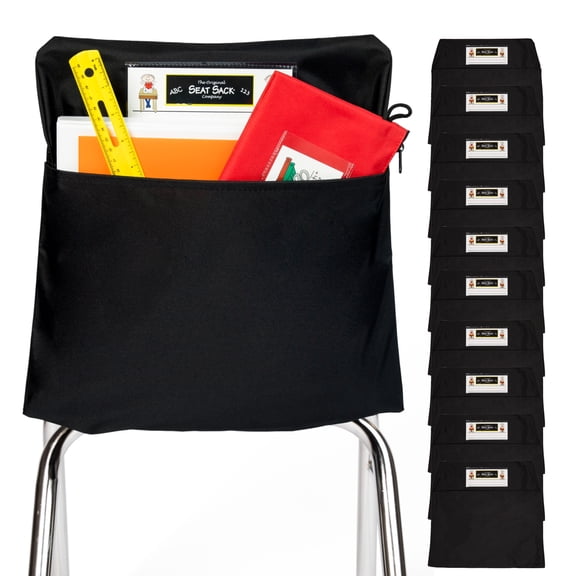 Seat Sack Student Chair Storage Pocket - 19", Single Pocket, Classroom Organizer for Student Desks, Durable Over-the-Chair Storage, Black, 10-Pack