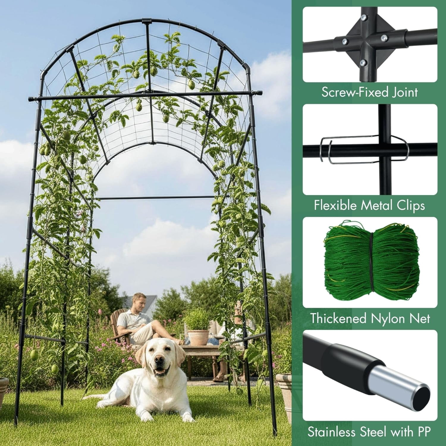 Cucumber Trellis Arch Black PP Coated Stainless Steel Garden Arch Trellis for Climbing Plants Outdoor, Garden Vegetable Trellis for Climbing Plants with Netting