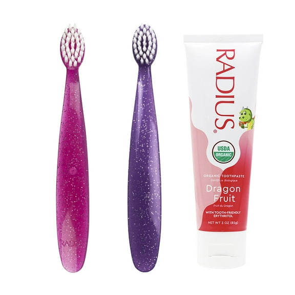 RADIUS Toddler Toothbrush and Toothpaste Bundle for Kids, 2 Pack Totz Extra Soft Brush in Pink and Purple and 1 Count Dragon Fruit Toothpaste, For Children 18 Months