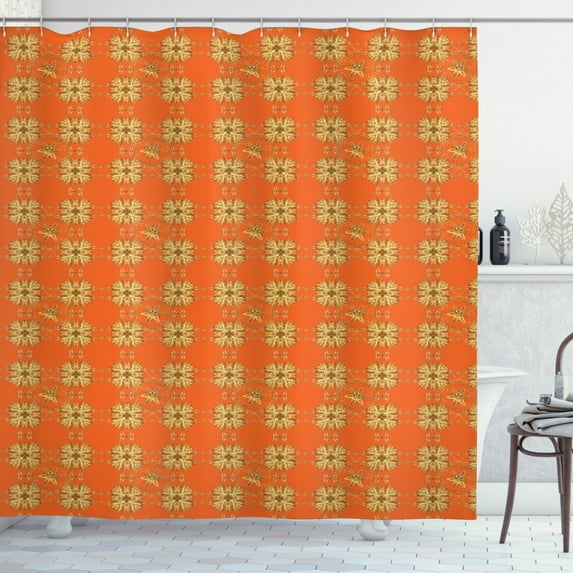 Yellow Damask Shower Curtain, Eastern Style Abstract Interlaced Motif as Repeating Pattern, Fabric Bathroom Set with Hooks, 69W X 84L Inches Extra Long, Orange Sepia and Yellow, by Ambesonne