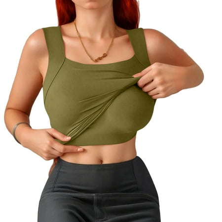 Compression Tank Tops for Women Scoop Neck Tummy Control Shapewear Built-In Bra Tank Babydoll Sports Body Shaper Ribbed Racerback Shapewear Green S