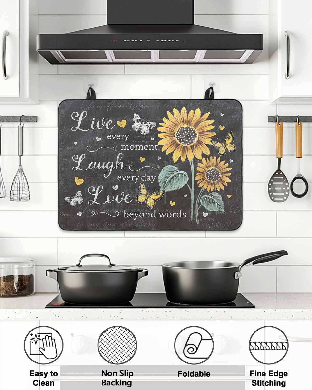 Stove Top Covers for Electric Stove 36x21 Inches, Retro Sunflower Heat Insulation Fireproof Glass Cooktop Protector, Spring Summer Farmhouse Floral Butterfly Countertop Stovetop Cover for Kitchen