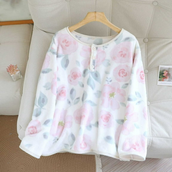 Taylonsss Winter Women's Pajamas Thickened Fleece-Lined Button-Down Long Sleeve Print Design Cozy Home Loungewear