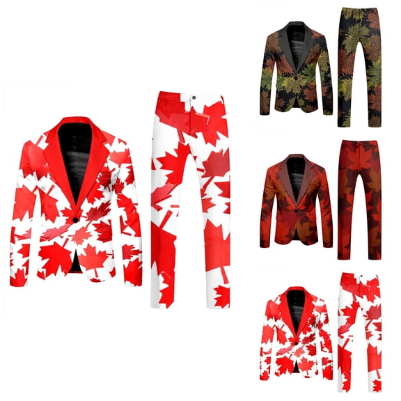 Canada Day Tuxedo Suits for Men 2 Piece Maple Leaf Printed Lapel V Neck One Button Blazer and Pant Matching Sets for Holiday Party Events