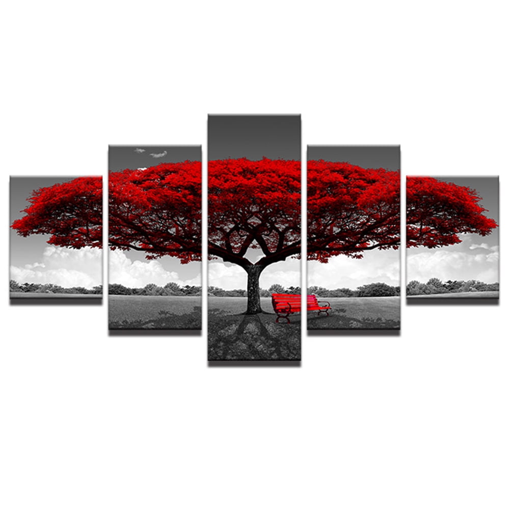 Modern Scenery Red Tree Canvas Oil Painting Frameless Home Bedroom Wall Decor 
