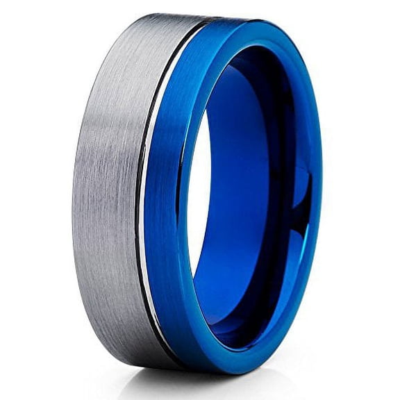 Silly Kings Blue Tungsten Wedding Band Grey Tungsten Ring Tungsten Carbide Men's Wedding Band Blue Tungsten Ring 8mm