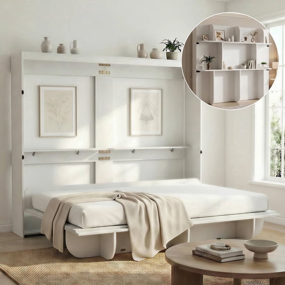 Mjkone Murphy Wall Bed Queen Size,Wall Bed with Shelves,Multifunctional Murphy Bed for Small Space/Bedroom/Guest Room,White