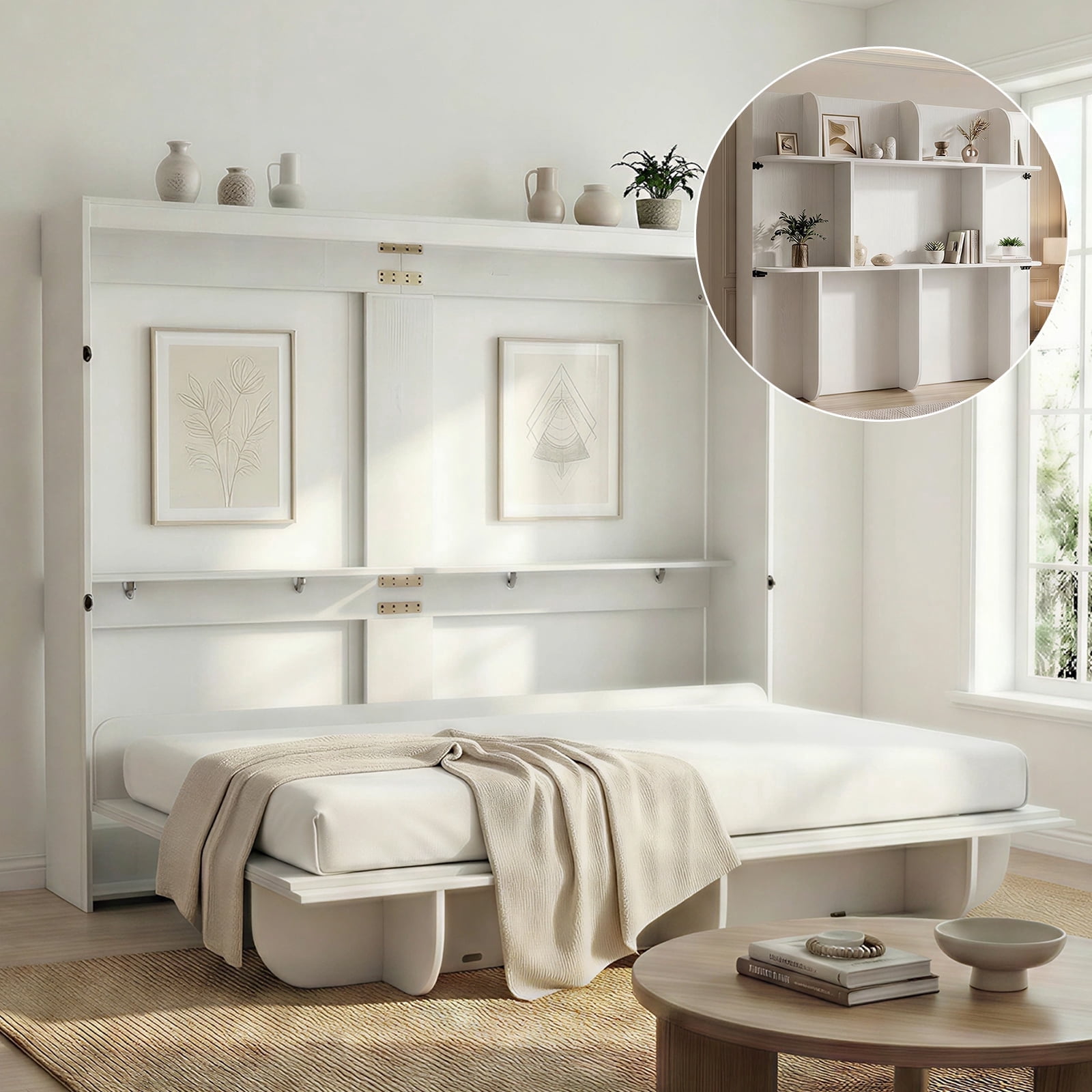 Mjkone Murphy Wall Bed Queen Size,Wall Bed with Shelves,Multifunctional Murphy Bed for Small Space/Bedroom/Guest Room,White