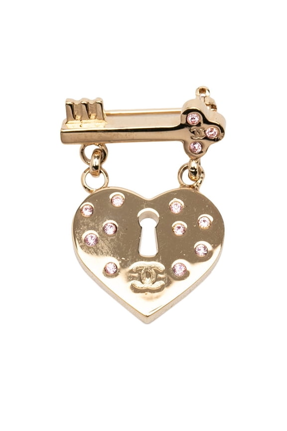 Pre-Owned Chanel Coco Mark Heart Key Motif Brooch 02P Gold Pink Plated Rhinestone Women's CHANEL
