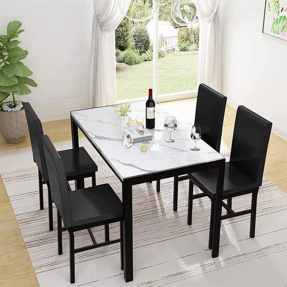 SEGMART 5 Piece Faux Marble Top Dining Table Set for 4, Rectangular Table and 4 High-Back PU Leather Padded Chairs, Small Space Dining Set, Home Kitchen Apartment Dining Room Bar Furniture, K4076