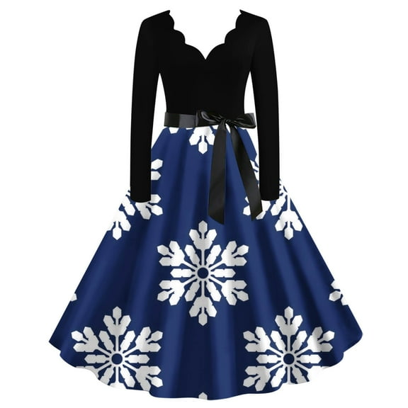 IROINNID Christmas Dresses for Women Long Sleeve Christmas Print V-Neck Knee-High Dress,Blue