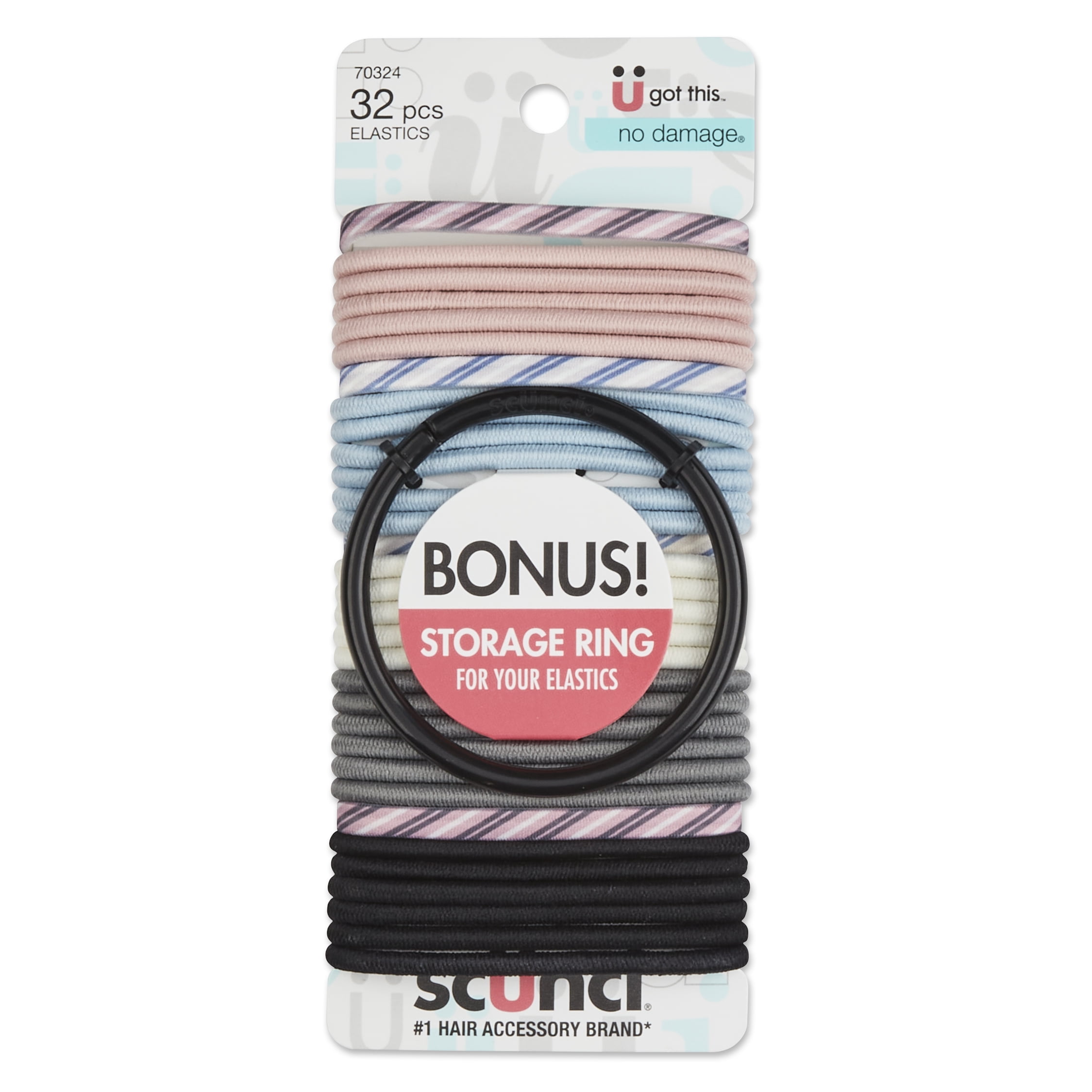 Scunci No Damage Hair Elastics, Pastels & Stripes, 32ct + Storage Ring