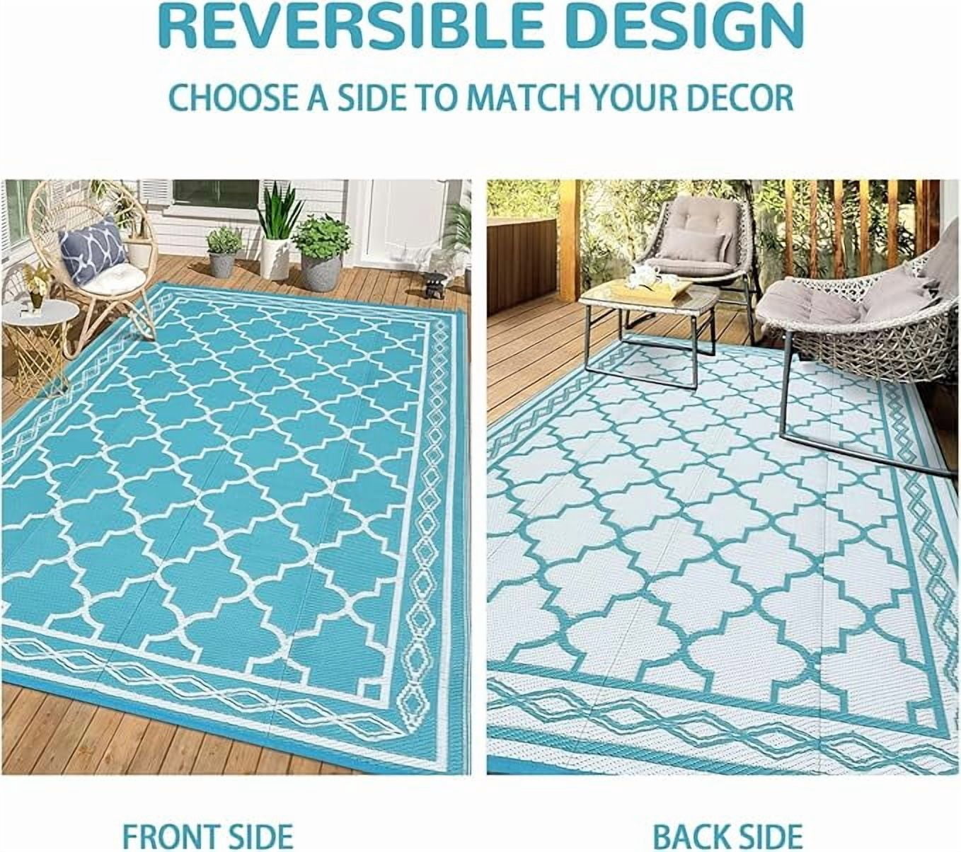 Outdoor Rug 5x8 Reversible Mats, Plastic Straw Rug, Large Floor Mat and Rug for Outdoors, Modern Area Rug, Patio, Backyard, Deck, Picnic, Beach, Trailer, Camping, Teal/White(Geometric)