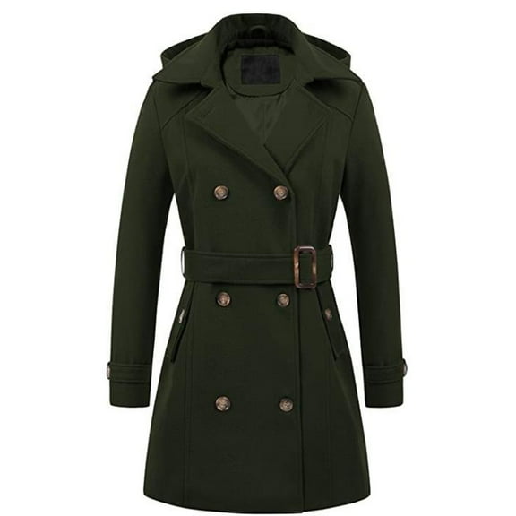 Fnooota Womens Peacoats, Double Breasted Mid Long Hooded Work Trench Coat Army Green Size M